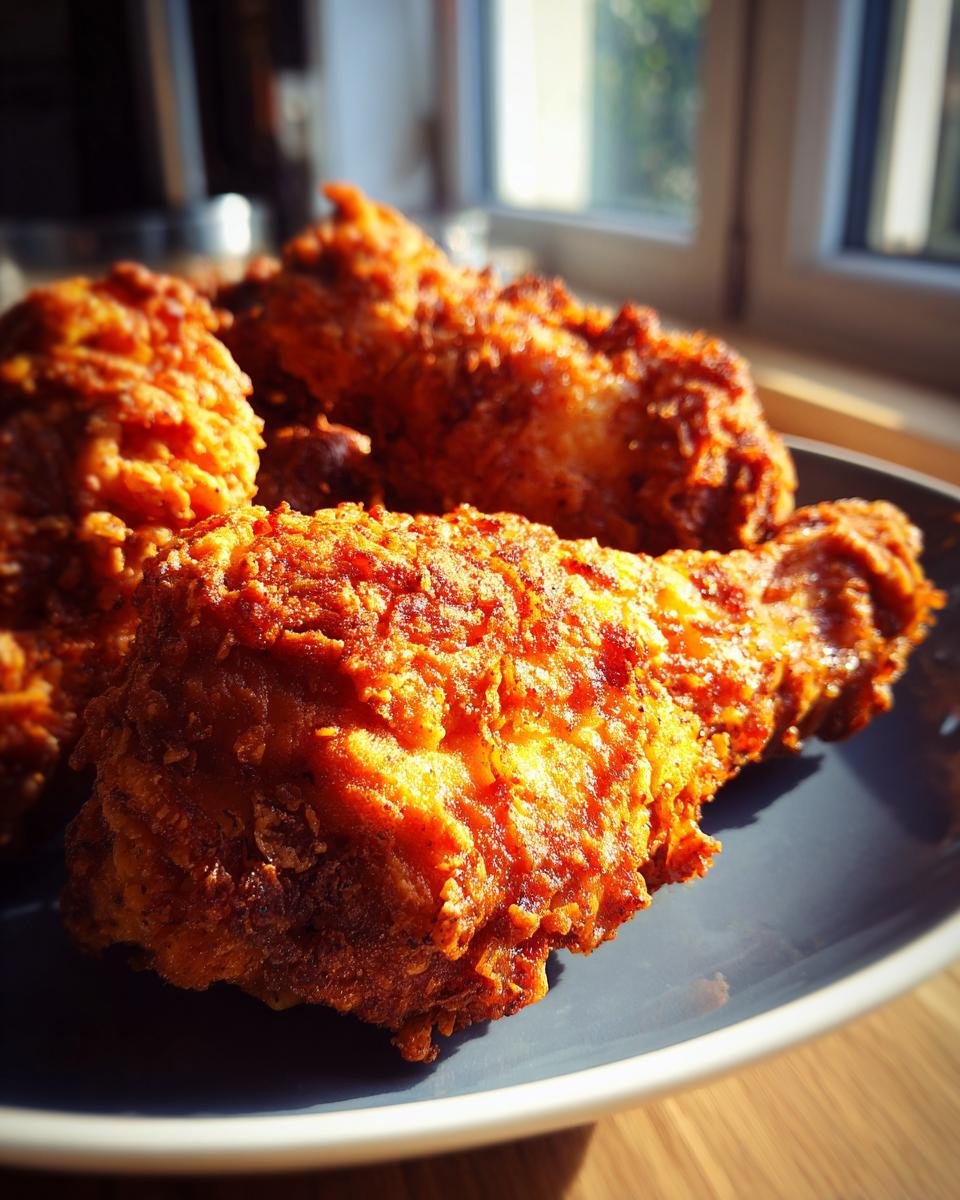 Close-up of several golden-brown, crispy pieces of Shake And Bake Chicken on a dark plate.