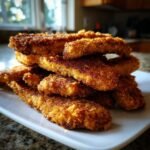 A tall stack of golden brown, perfectly breaded Crispy Steak Fingers piled high on a white rectangular plate.