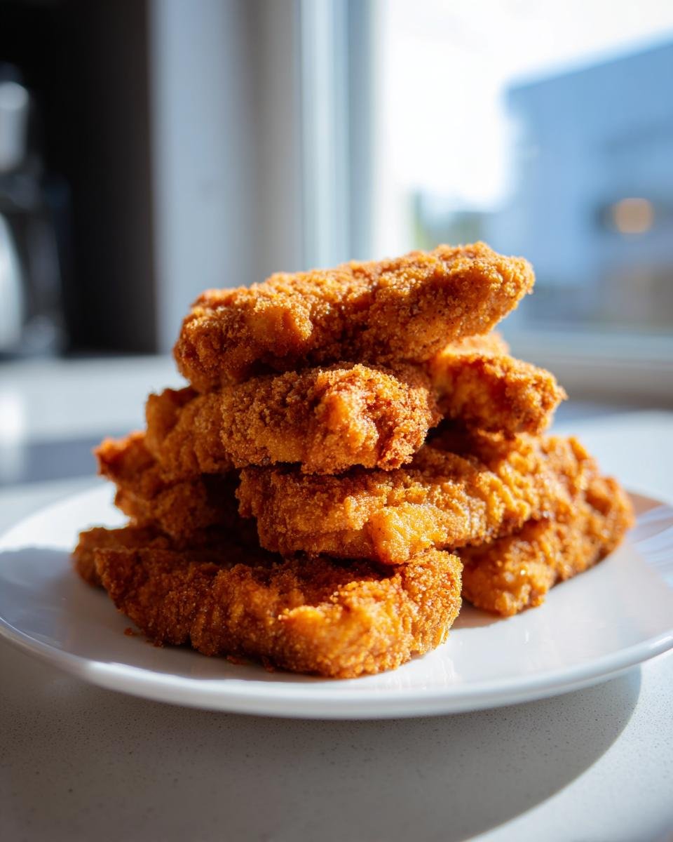 A stack of golden brown, crispy steak fingers piled high on a white plate near a window.
