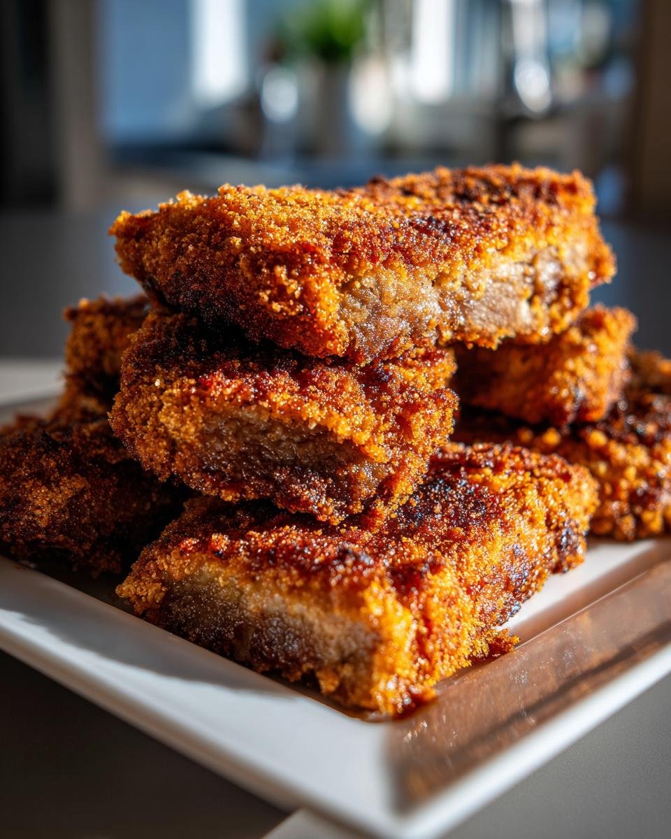A close-up stack of golden brown, crispy steak fingers, highlighting their crunchy breading.