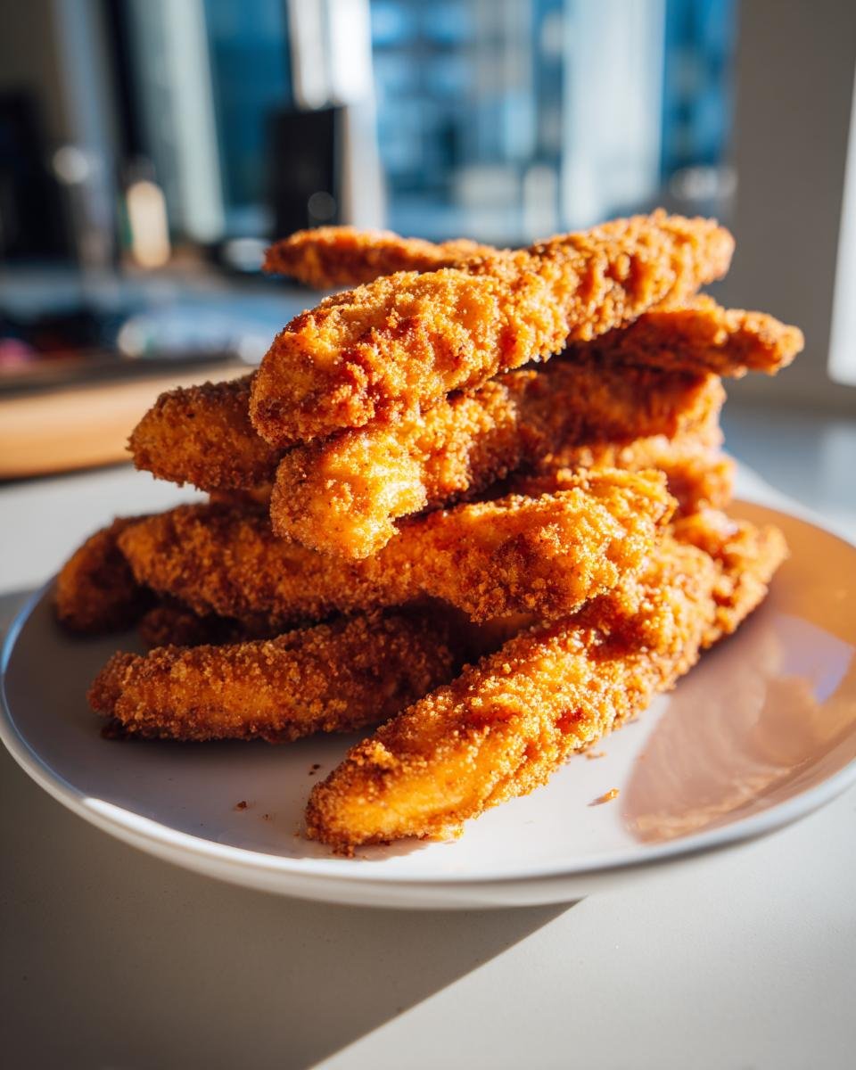 A tall stack of golden brown, breaded Crispy Steak Fingers piled high on a white plate.