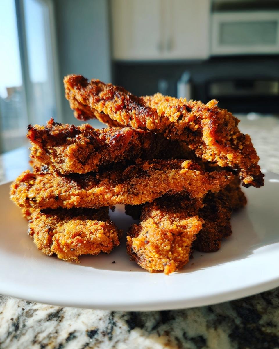 A close-up stack of golden-brown, crispy steak fingers piled high on a white plate.