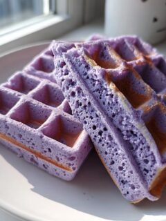 Two halves of a vibrant purple, Irresistible Crispy And Tender Ube Waffles Recipe, showing the fluffy interior texture.
