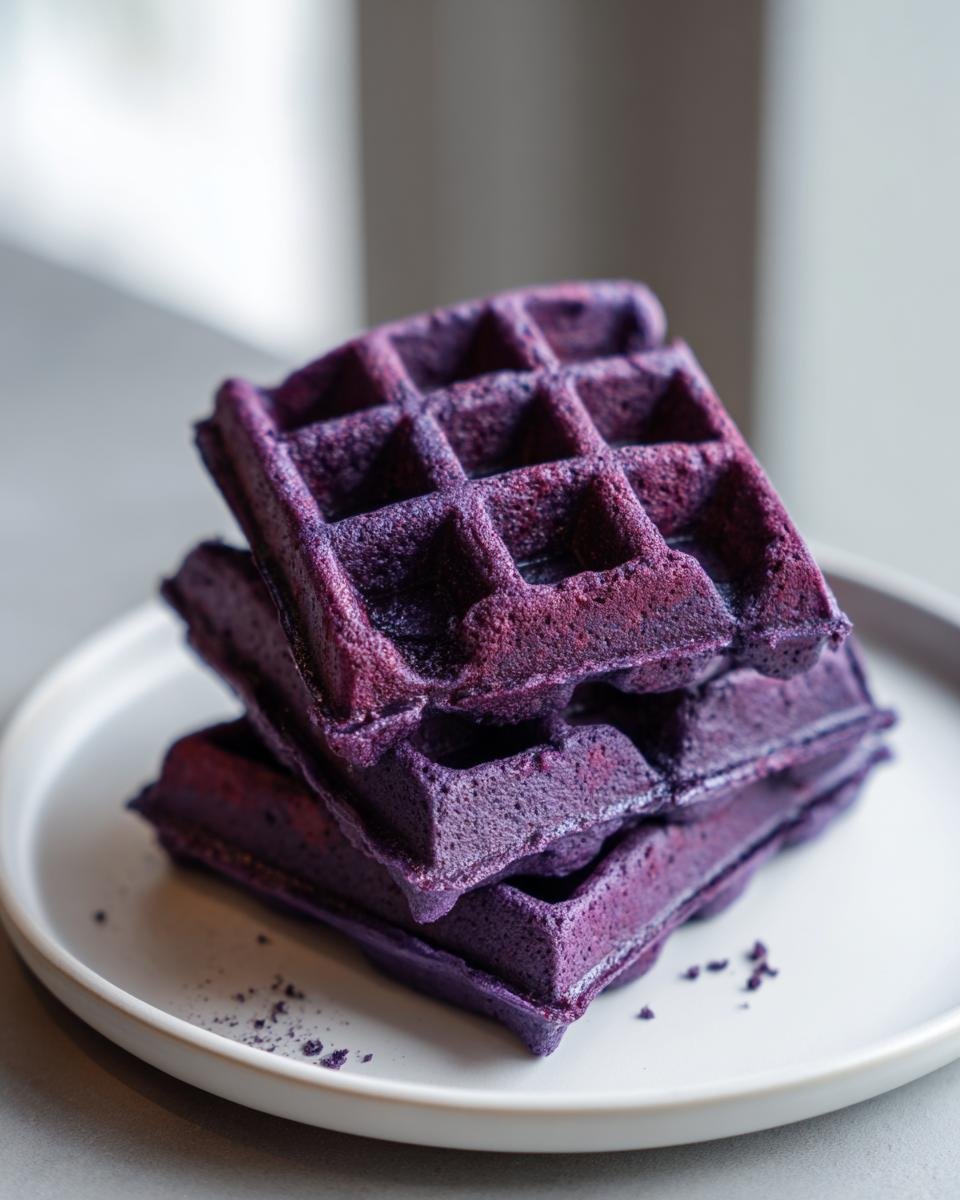 A stack of three vibrant purple, Irresistible Crispy And Tender Ube Waffles on a white plate.