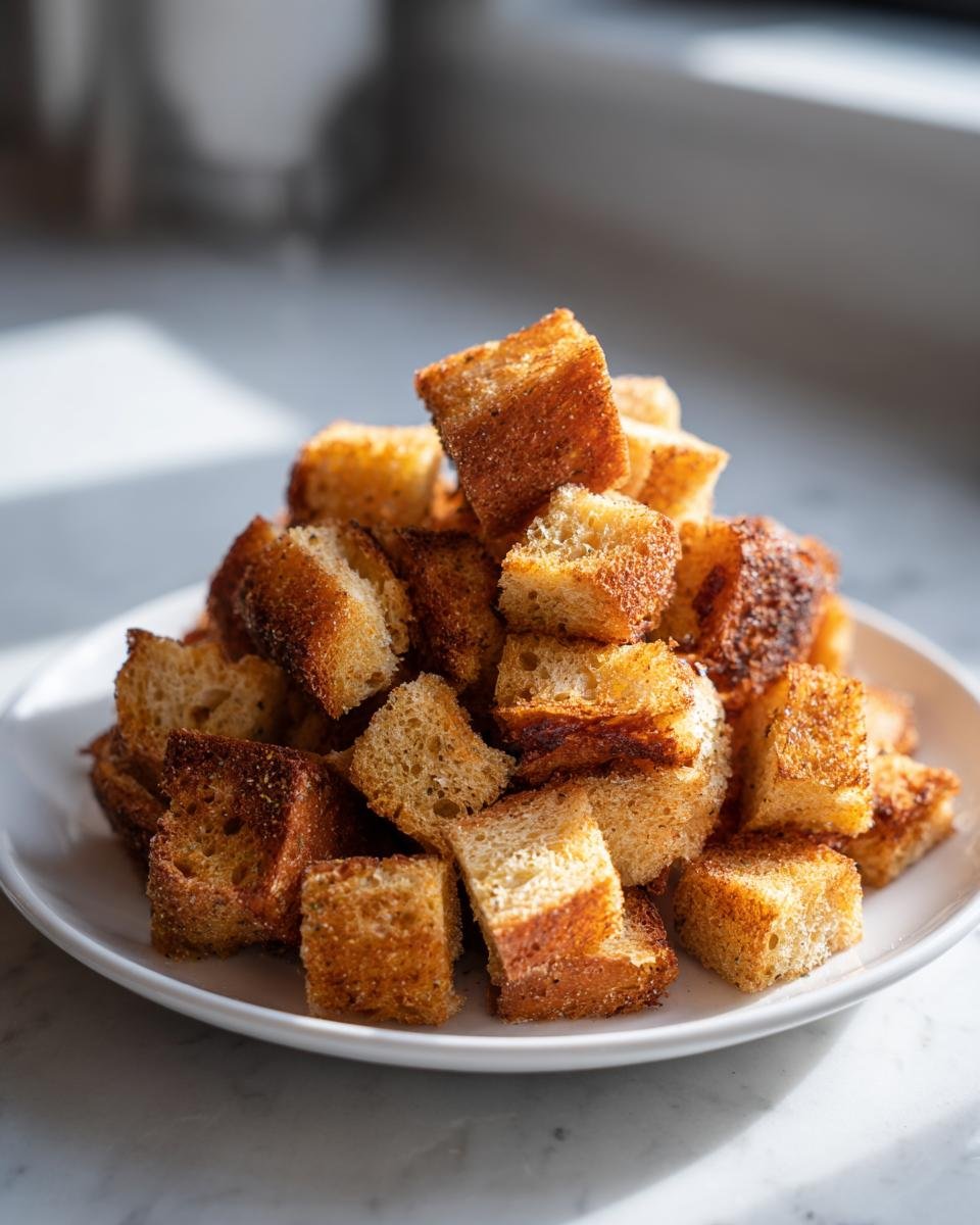 A close-up of a mound of golden brown, Crunchy Homemade Croutons piled high on a small white plate.