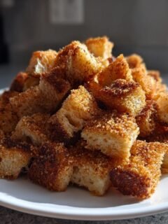 A mound of golden brown, seasoned Crunchy Homemade Croutons piled high on a white plate.