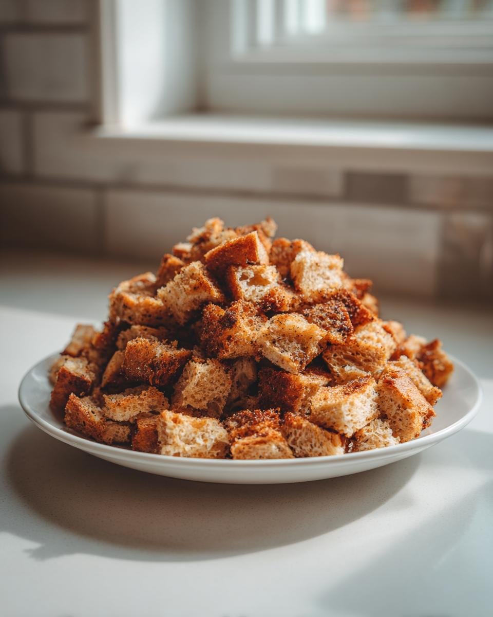 A large mound of golden brown, Crunchy Homemade Croutons piled high on a white plate near a window.