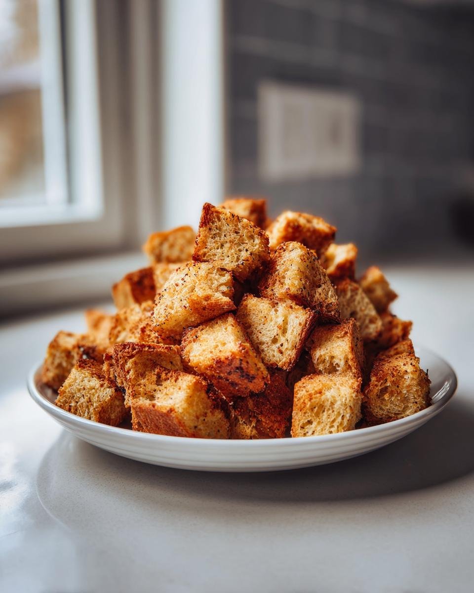 A mound of golden brown, seasoned Crunchy Homemade Croutons piled high on a small white plate.