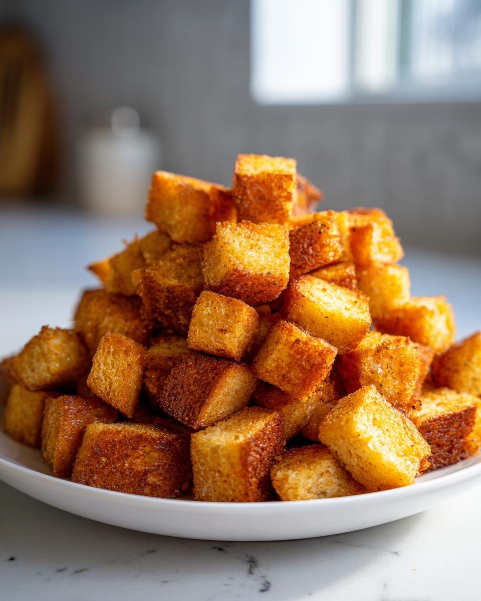 A tall pile of golden brown, perfectly seasoned Crunchy Homemade Croutons stacked on a white plate.