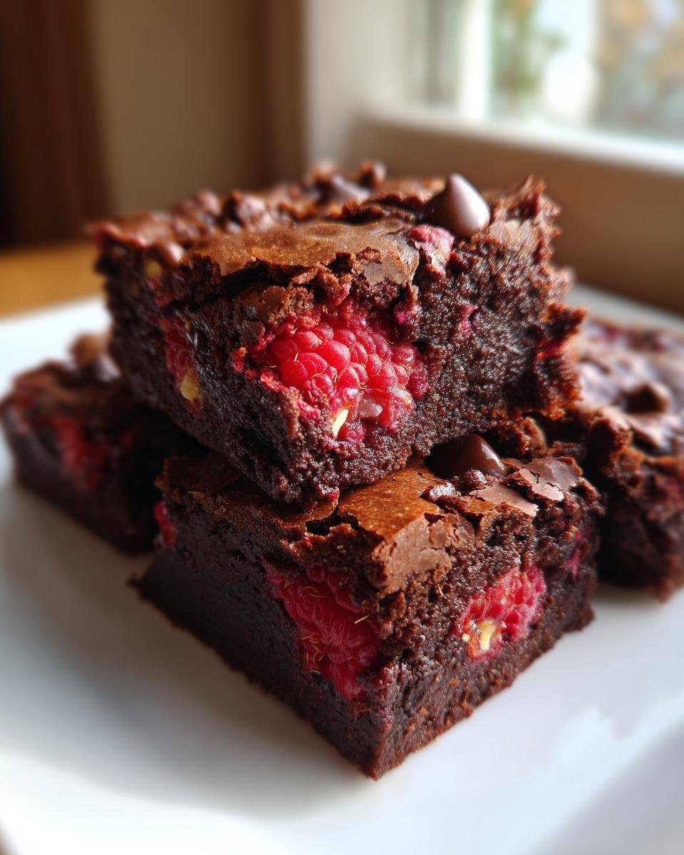 Close-up of fudgy raspberry chocolate brownies stacked, showing bright red raspberries inside.