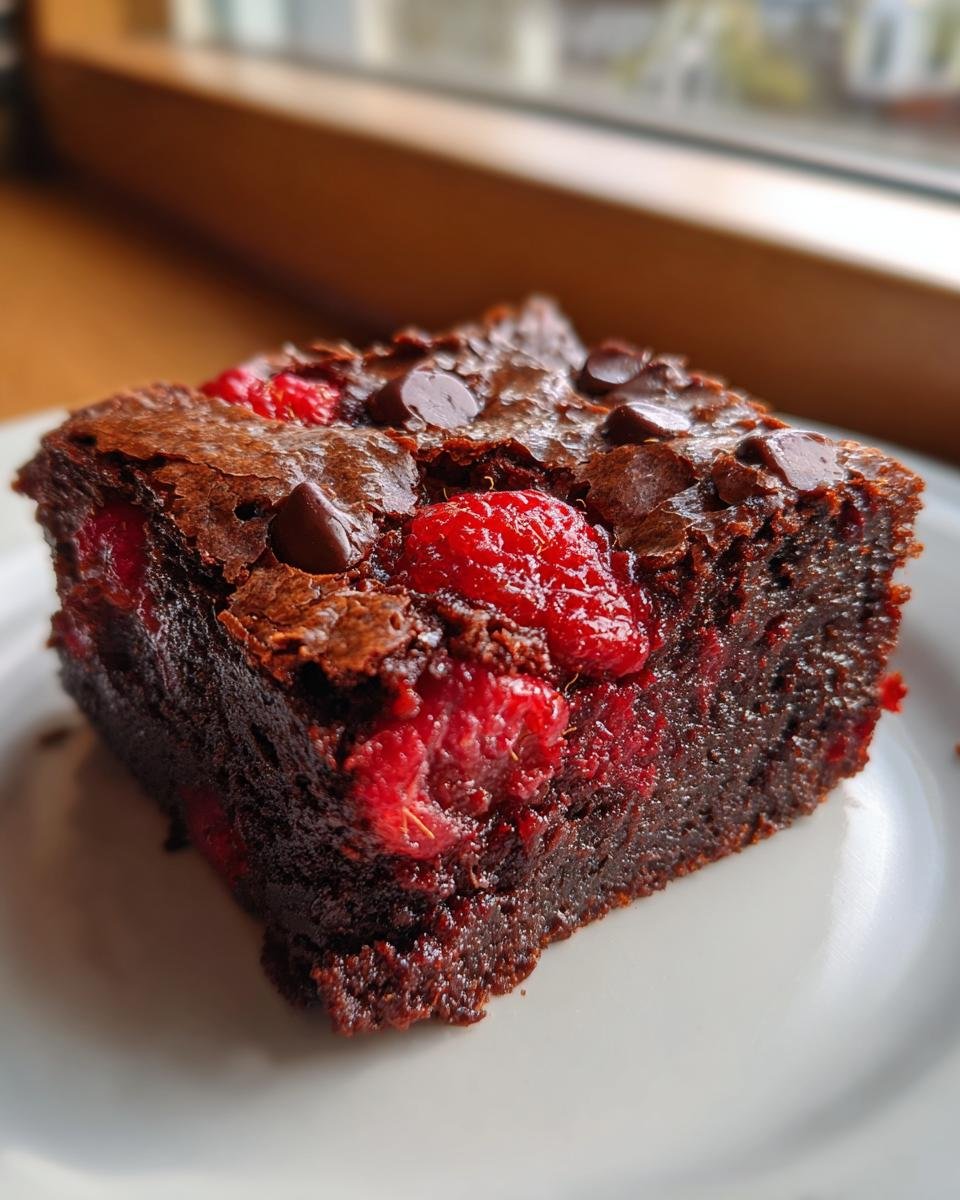 A close-up of a rich, fudgy slice of Raspberry Chocolate Brownies topped with chocolate chips.