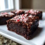 A close-up of a rich, fudgy Decadent Sugar Free Peppermint Brownie Square topped with crushed candy canes.