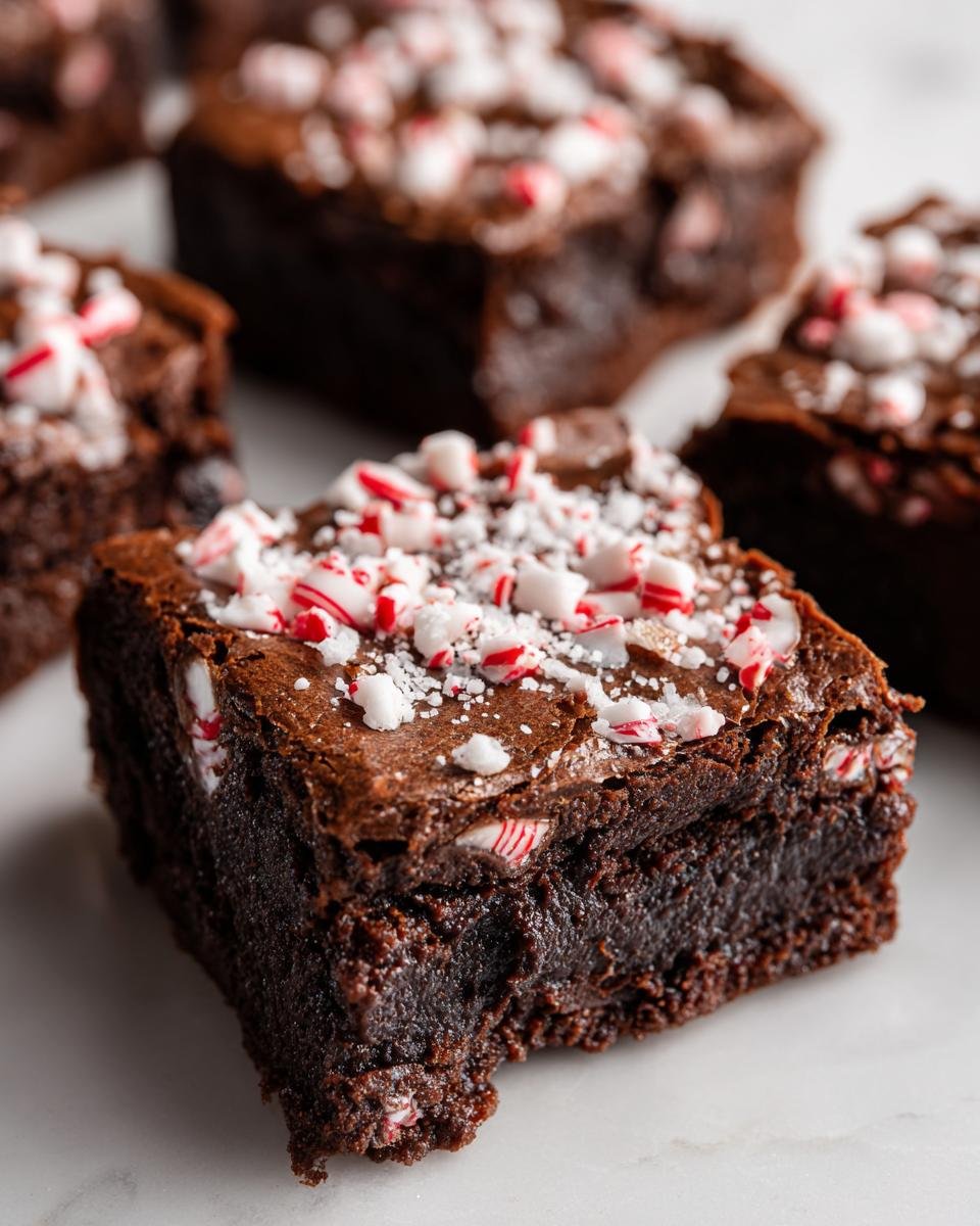 Close-up of a fudgy Decadent Sugar Free Peppermint Brownie Square topped with crushed candy canes.