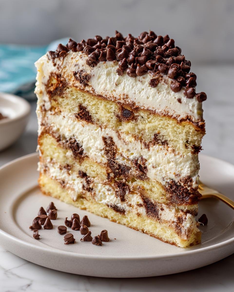 A tall slice of delicious Cannoli Layer Cake Recipe with layers of yellow cake, cream filling, and mini chocolate chips on top.