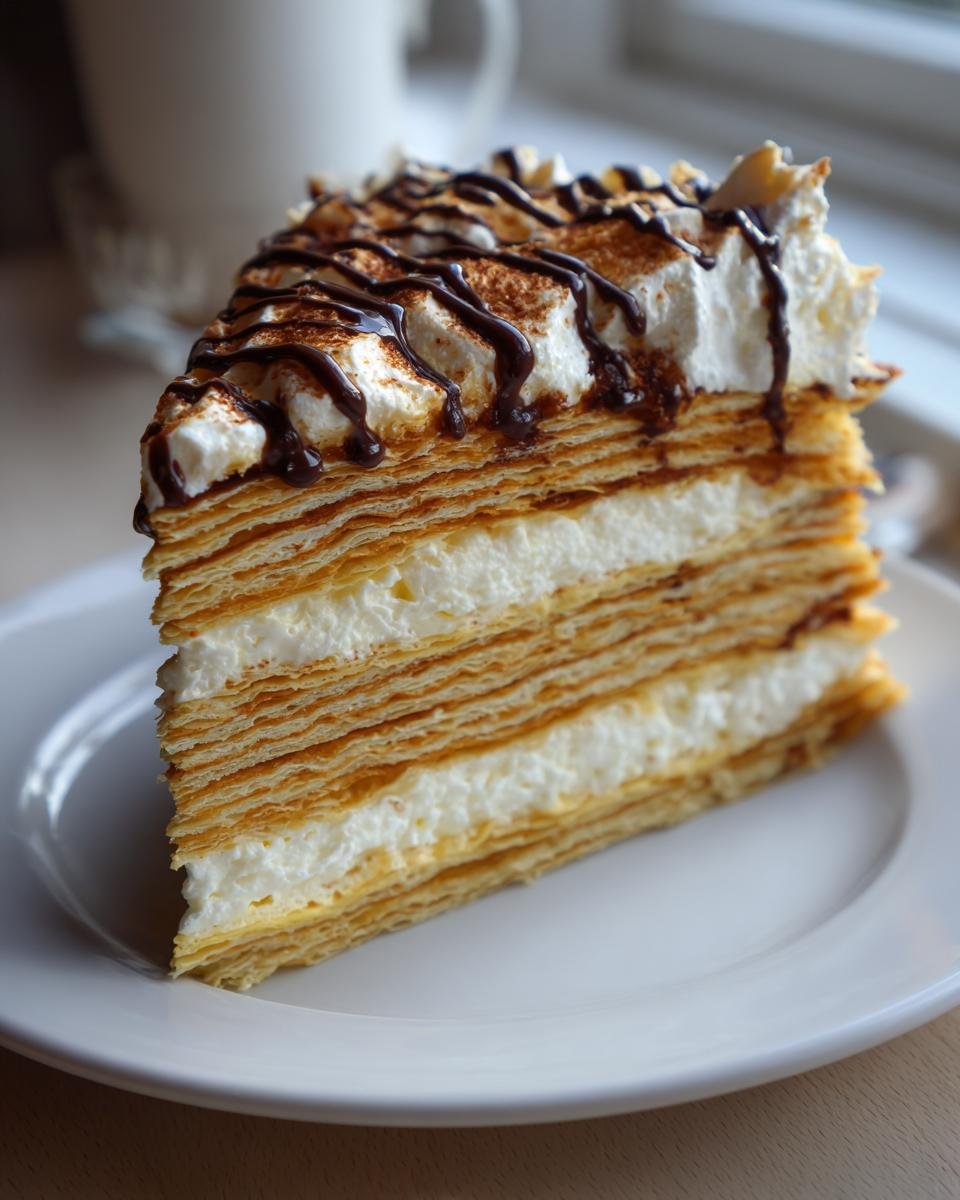 A tall slice of delicious crepe cake recipe today, featuring many thin layers and cream filling, topped with whipped cream and chocolate drizzle.
