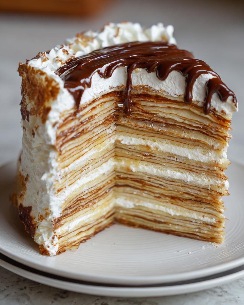 A tall slice of a Delicious Crepe Cake Recipe Today, showing many thin layers of crepes and cream, topped with whipped cream and chocolate sauce.