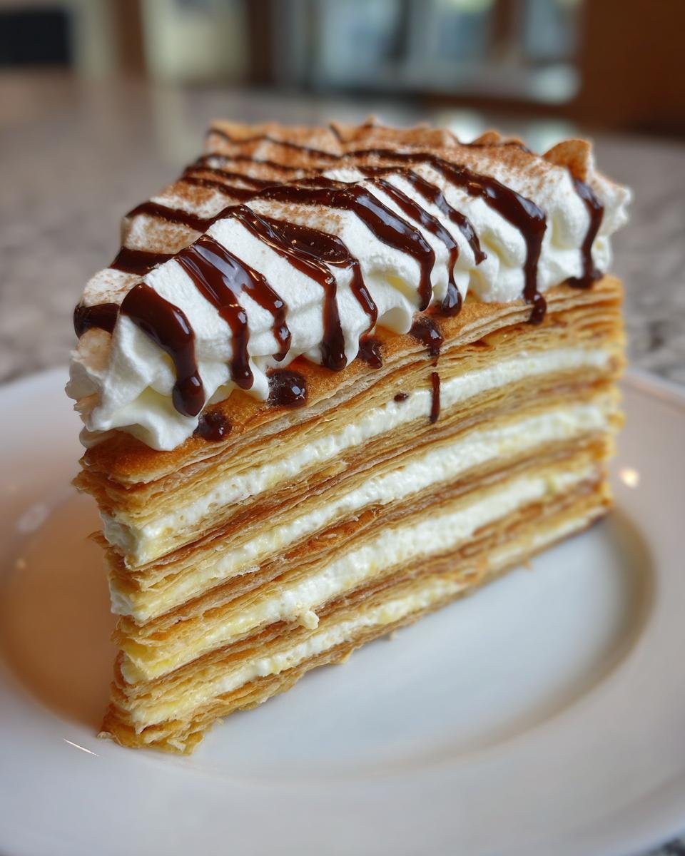A tall slice of delicious crepe cake recipe layered with cream, topped with whipped cream and chocolate drizzle.
