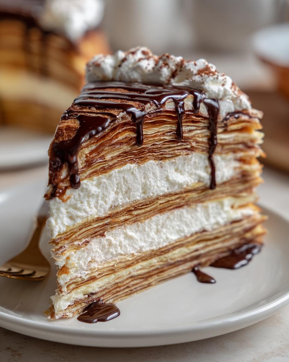 A tall slice of a delicious crepe cake recipe layered with cream, topped with whipped cream and chocolate sauce.