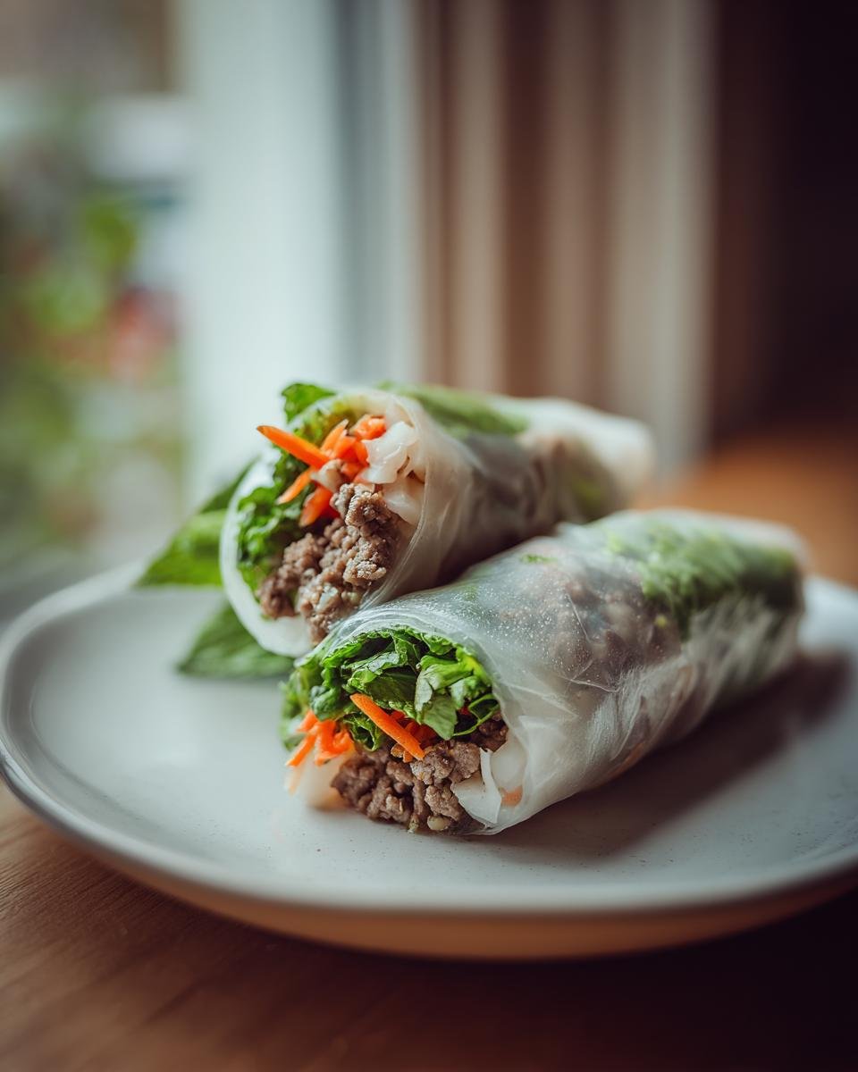 Two Delicious Lemongrass Beef Spring Rolls filled with ground beef, lettuce, and carrots, resting on a white plate.