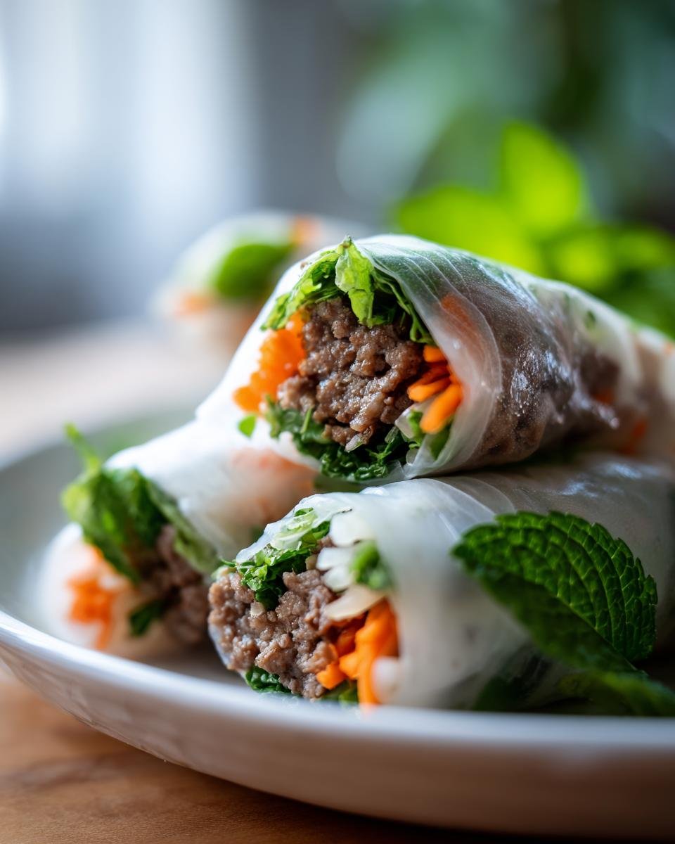 Close-up of Delicious Lemongrass Beef Spring Rolls filled with seasoned ground beef, shredded carrots, lettuce, and mint.