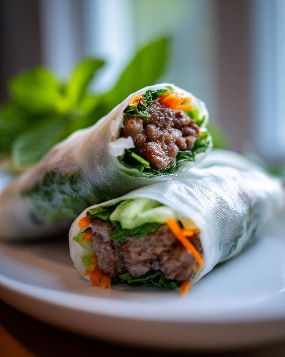 Two Delicious Lemongrass Beef Spring Rolls cut in half showing filling of beef, lettuce, carrots, and mint.