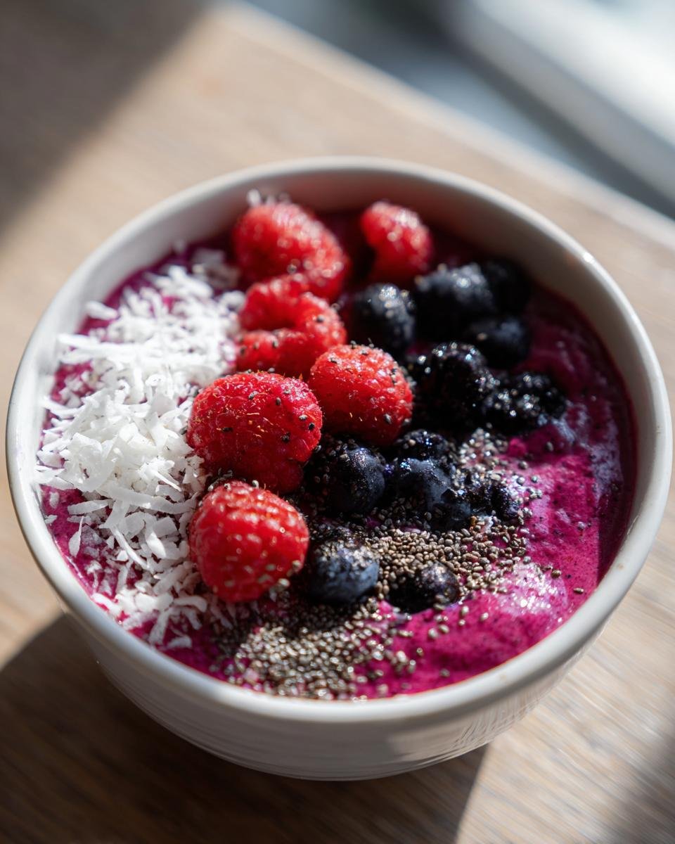 Close-up of a vibrant pink Pitaya Smoothie Bowl topped with fresh raspberries, blueberries, chia seeds, and shredded coconut.