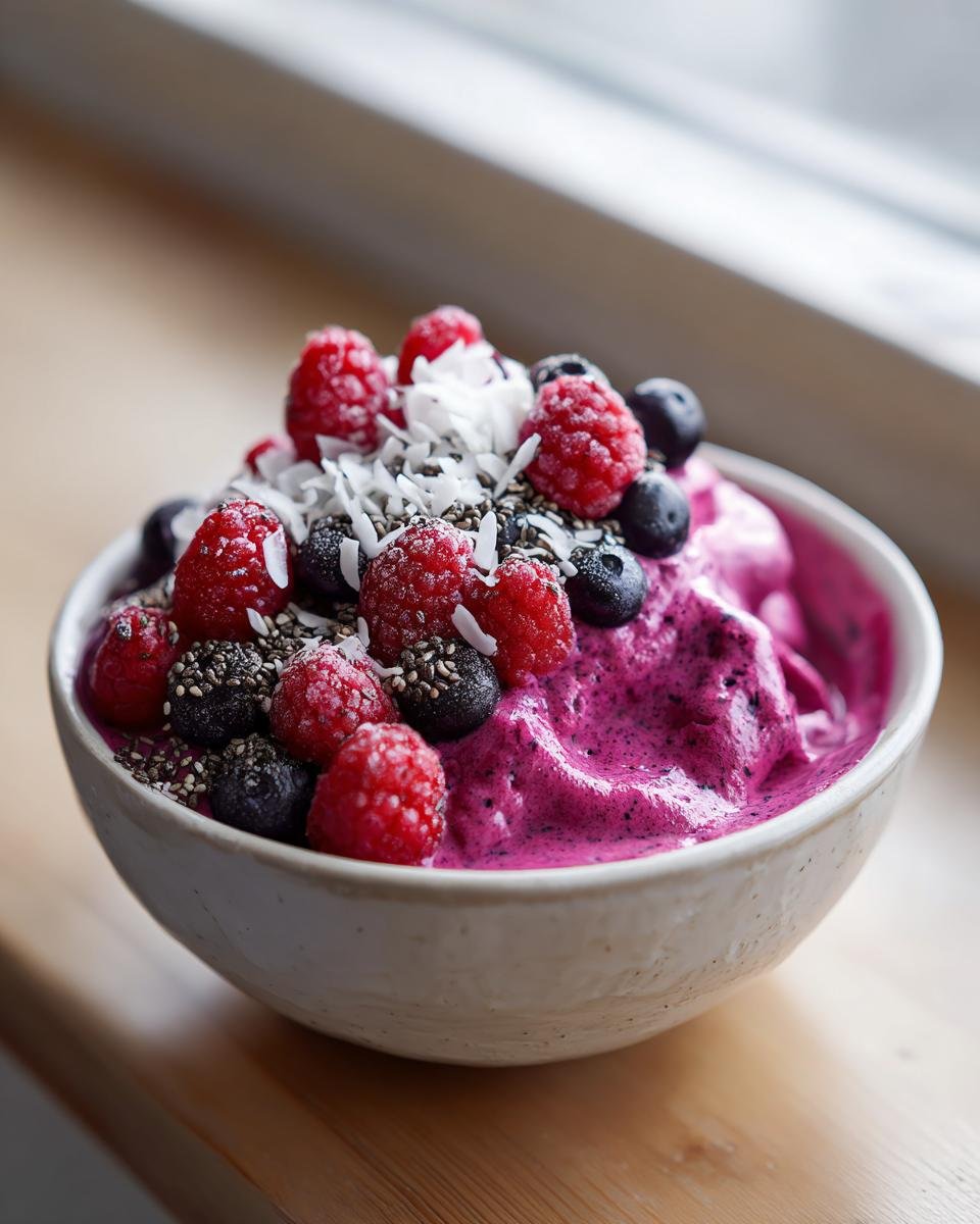 A vibrant Pitaya Smoothie Bowl recipe topped generously with raspberries, blueberries, chia seeds, and coconut flakes.