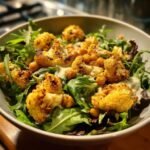 Close-up of a Delicious Roasted Cauliflower Chickpea Salad featuring roasted cauliflower florets, chickpeas, and mixed greens with a creamy dressing.