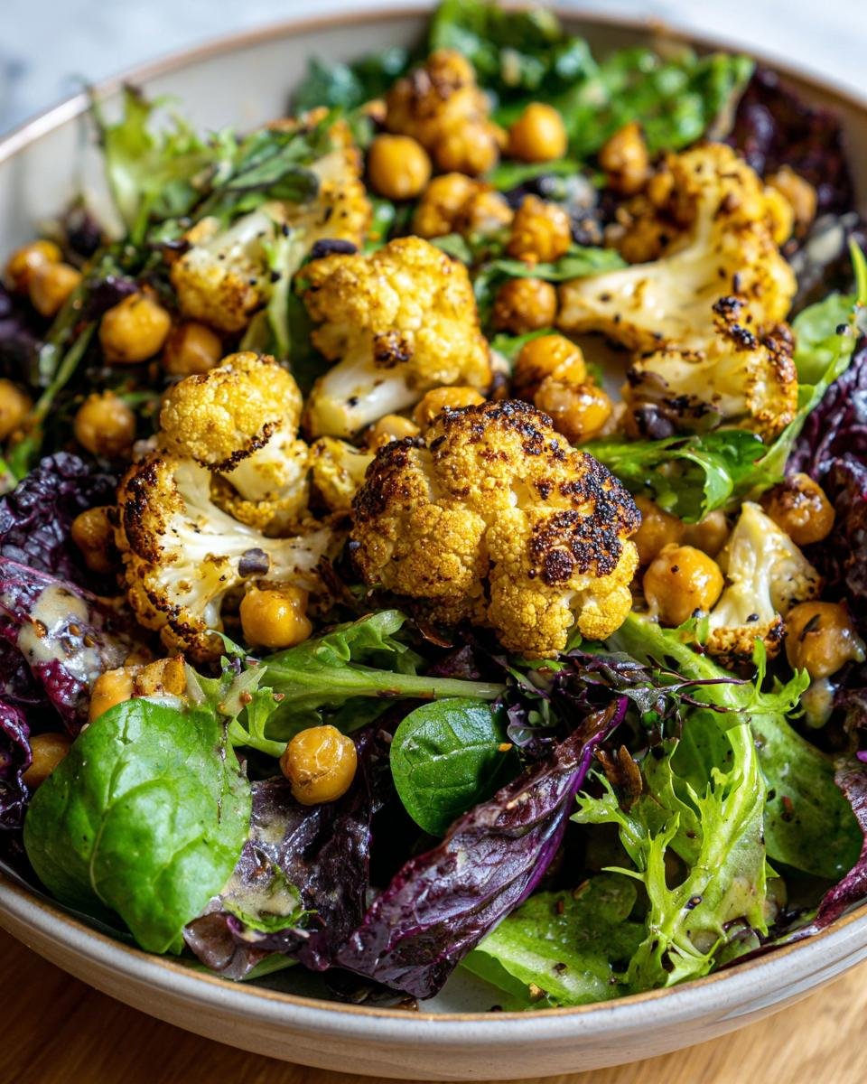 A close-up of a Delicious Roasted Cauliflower Chickpea Salad featuring charred cauliflower florets and chickpeas over mixed greens.