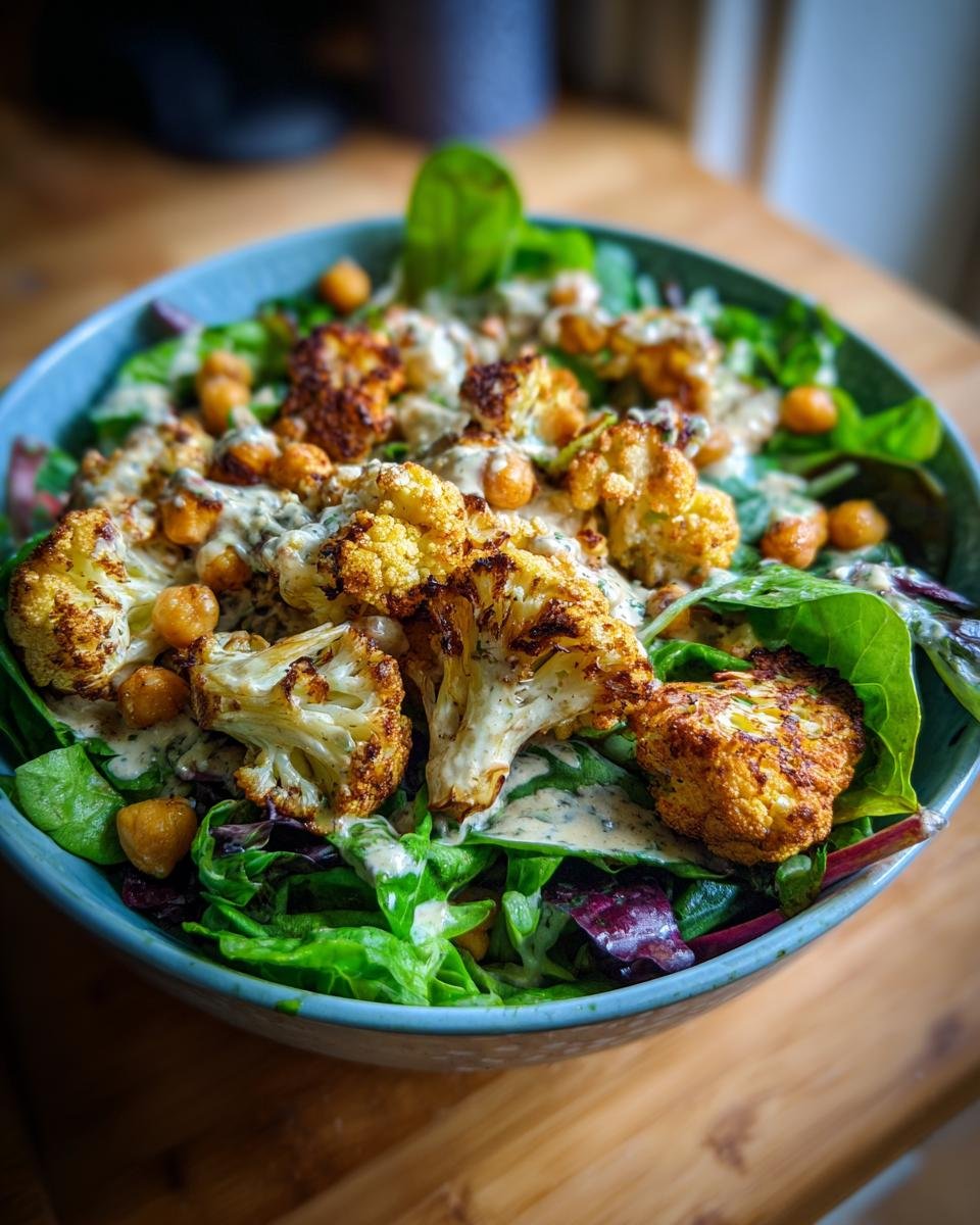 A bowl of Delicious Roasted Cauliflower Chickpea Salad topped with a creamy herb dressing.