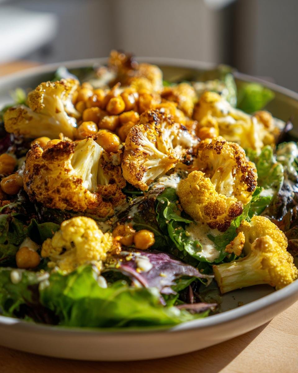 Close-up of a bowl featuring Delicious Roasted Cauliflower Chickpea Salad with mixed greens and creamy dressing.
