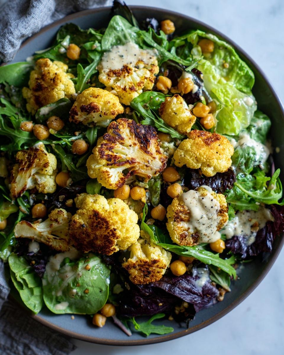 Close-up of a Delicious Roasted Cauliflower Chickpea Salad topped with creamy dressing.