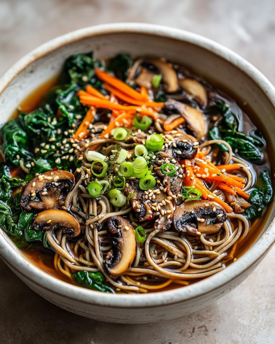 Close-up of a warm bowl featuring delicious Soba Noodle Bowls with mushrooms, shredded carrots, spinach, and scallions.