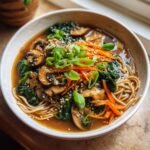 A close-up of a Delicious Soba Noodle Bowls recipe featuring brown soba noodles, sliced mushrooms, spinach, and carrots.