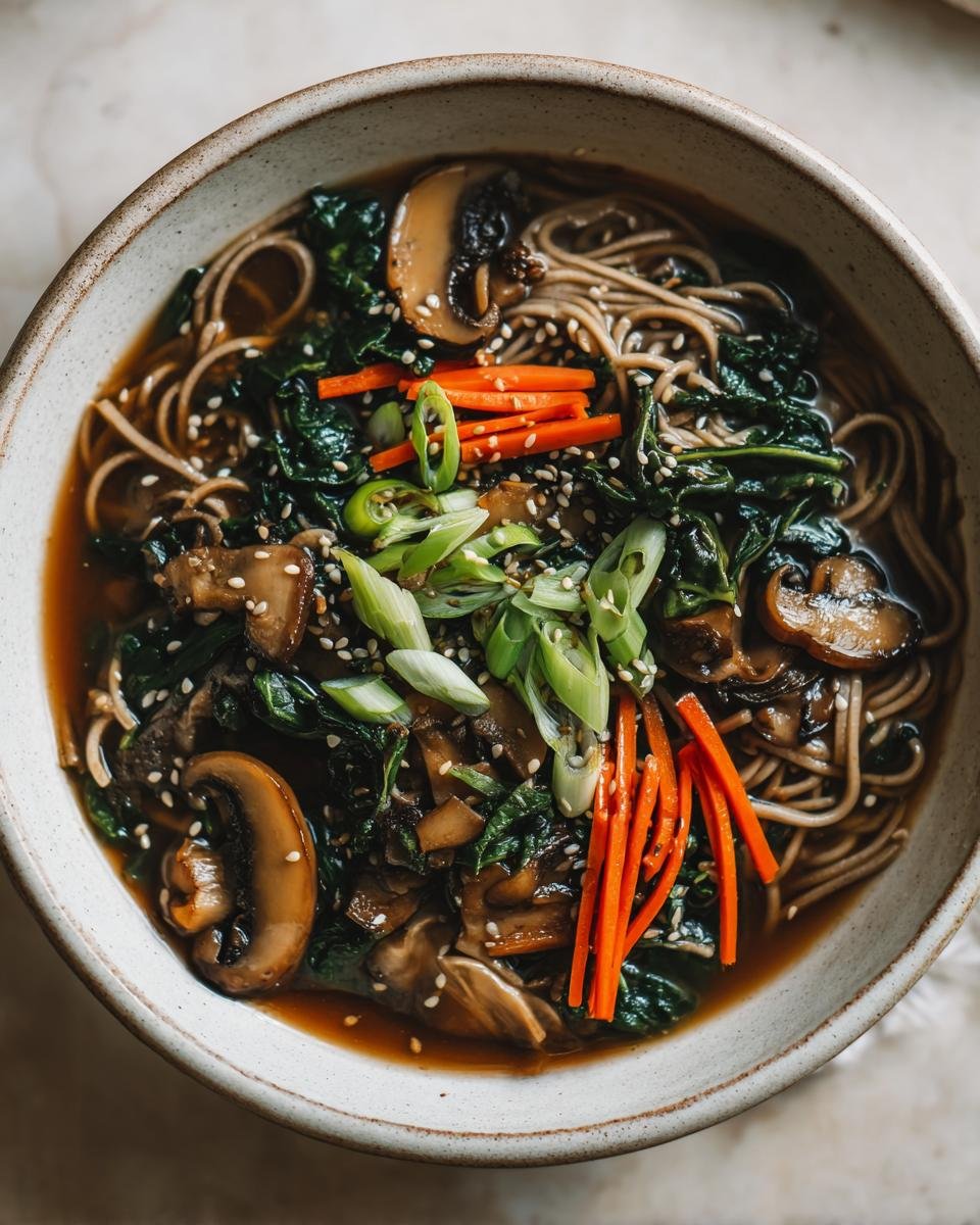 Overhead view of a bowl filled with Discover Delicious Soba Noodle Bowls, topped with mushrooms, kale, carrots, and scallions.