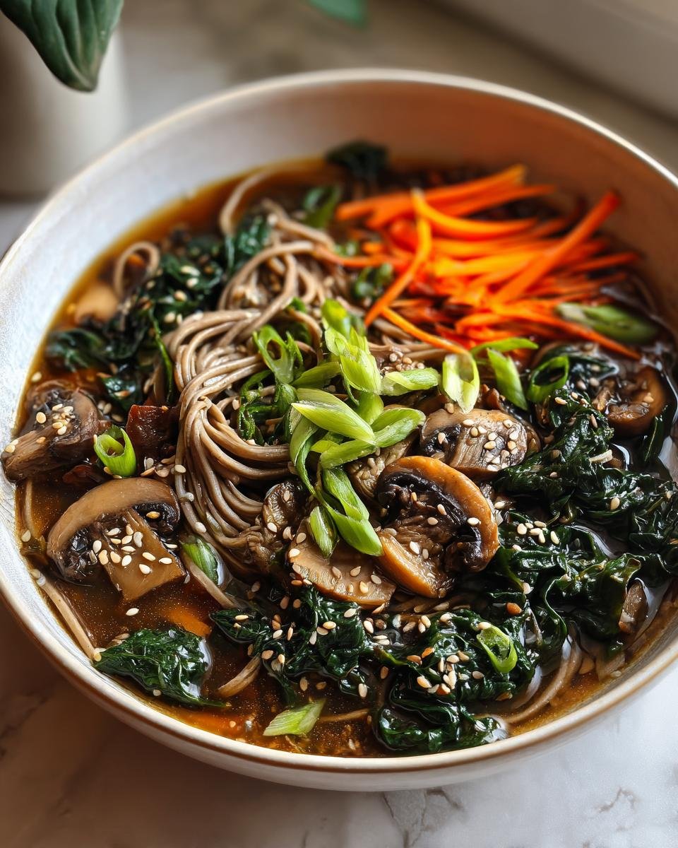 A close-up of a hot bowl of Delicious Soba Noodle Bowls featuring soba noodles, mushrooms, spinach, and shredded carrots.