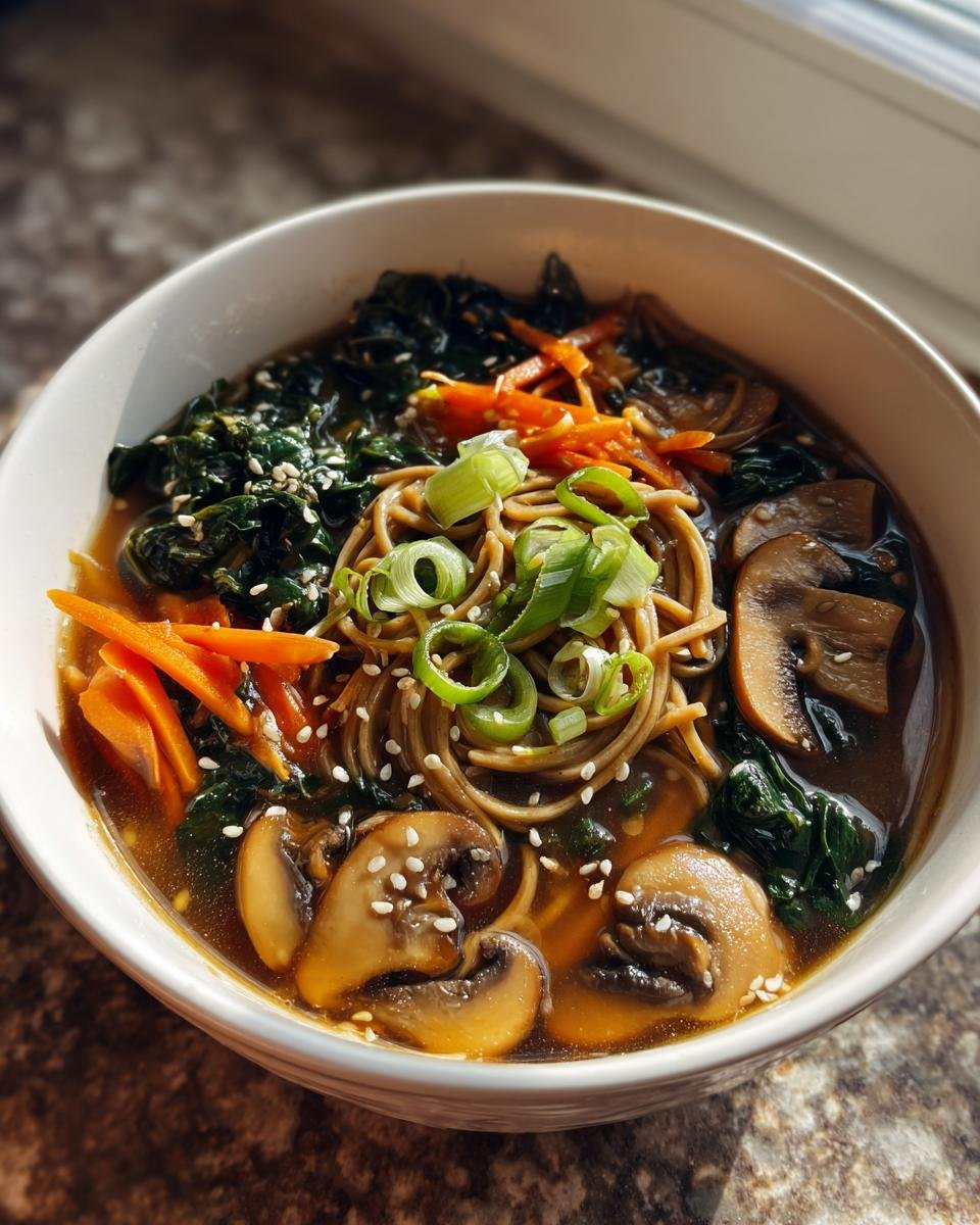 A close-up of a delicious Soba Noodle Bowls featuring brown soba noodles, sliced mushrooms, dark greens, and scallions.