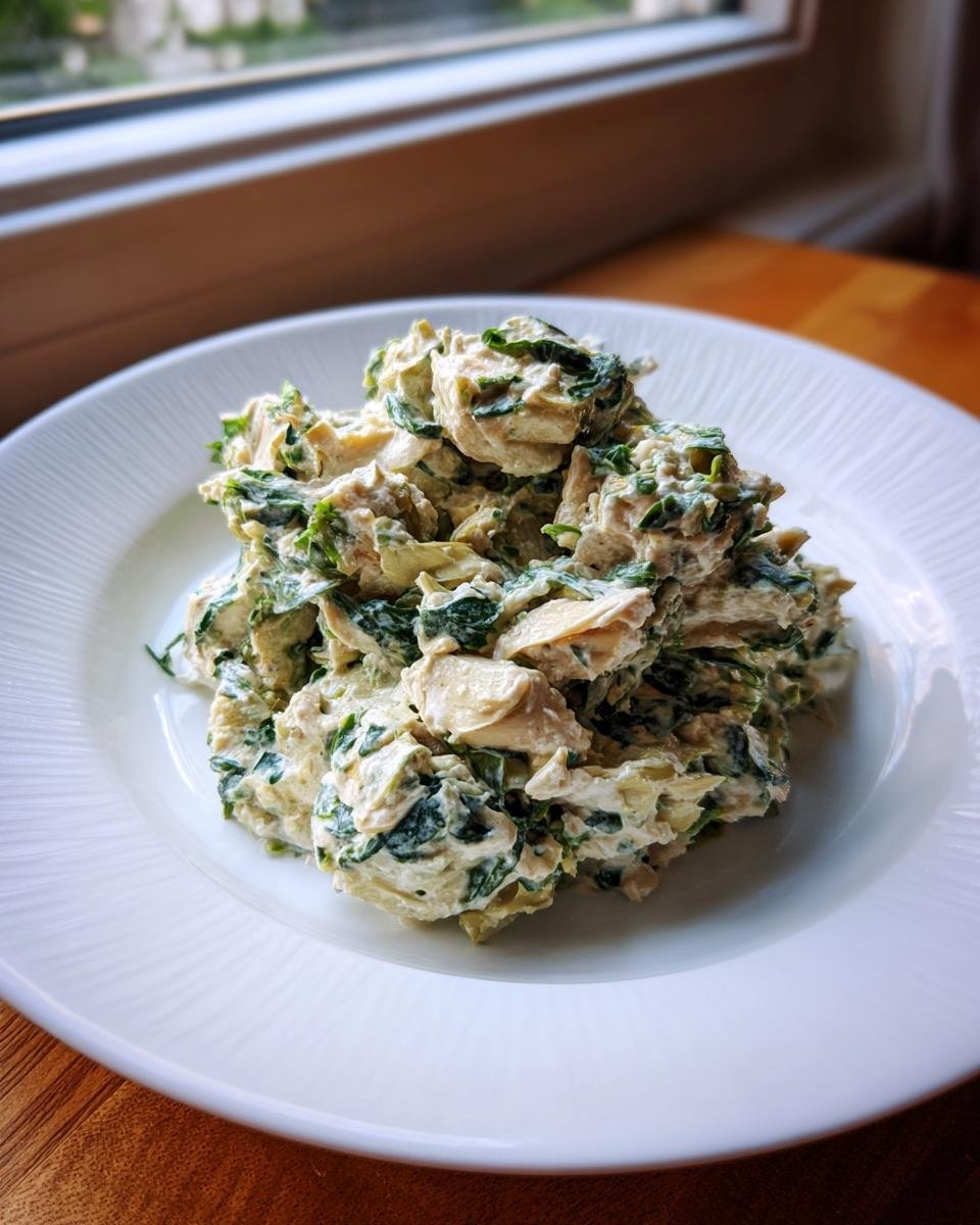 A mound of Delicious Spinach Artichoke Chicken Salad served on a white plate near a window.