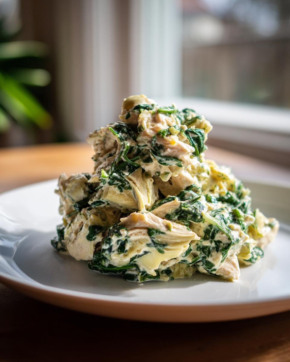 A mound of Delicious Spinach Artichoke Chicken Salad featuring creamy dressing, chunks of chicken, spinach, and artichoke hearts on a white plate.