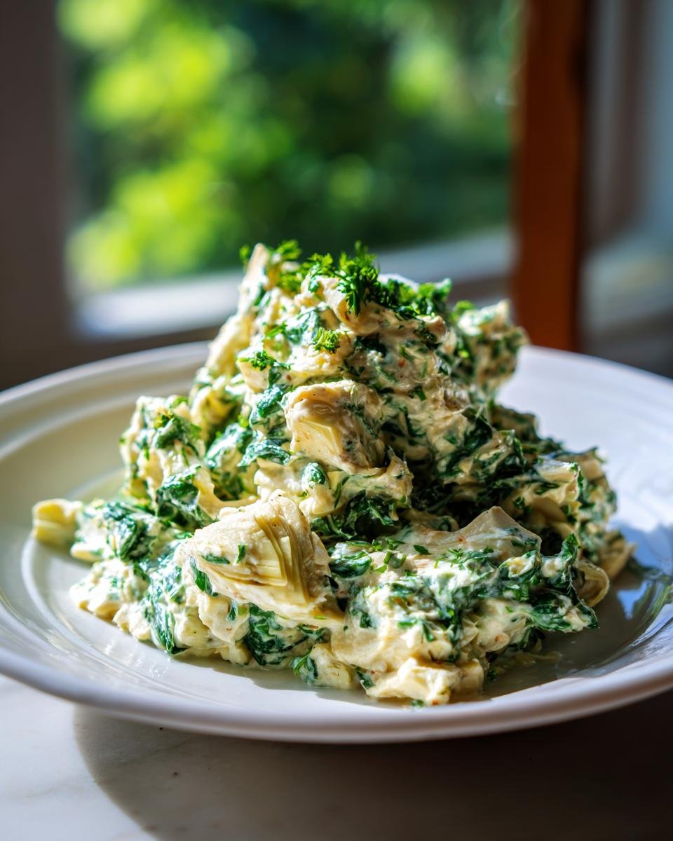 A mound of Delicious Spinach Artichoke Chicken Salad featuring creamy dressing, spinach, and artichoke hearts, garnished with parsley.
