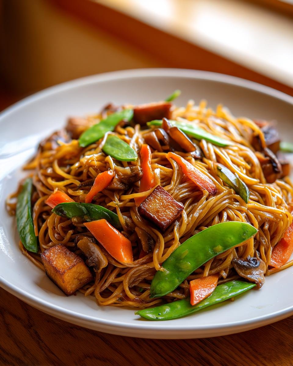 A close-up of Delicious Vegan Pancit Canton featuring noodles, crispy tofu, carrots, and bright green snow peas.
