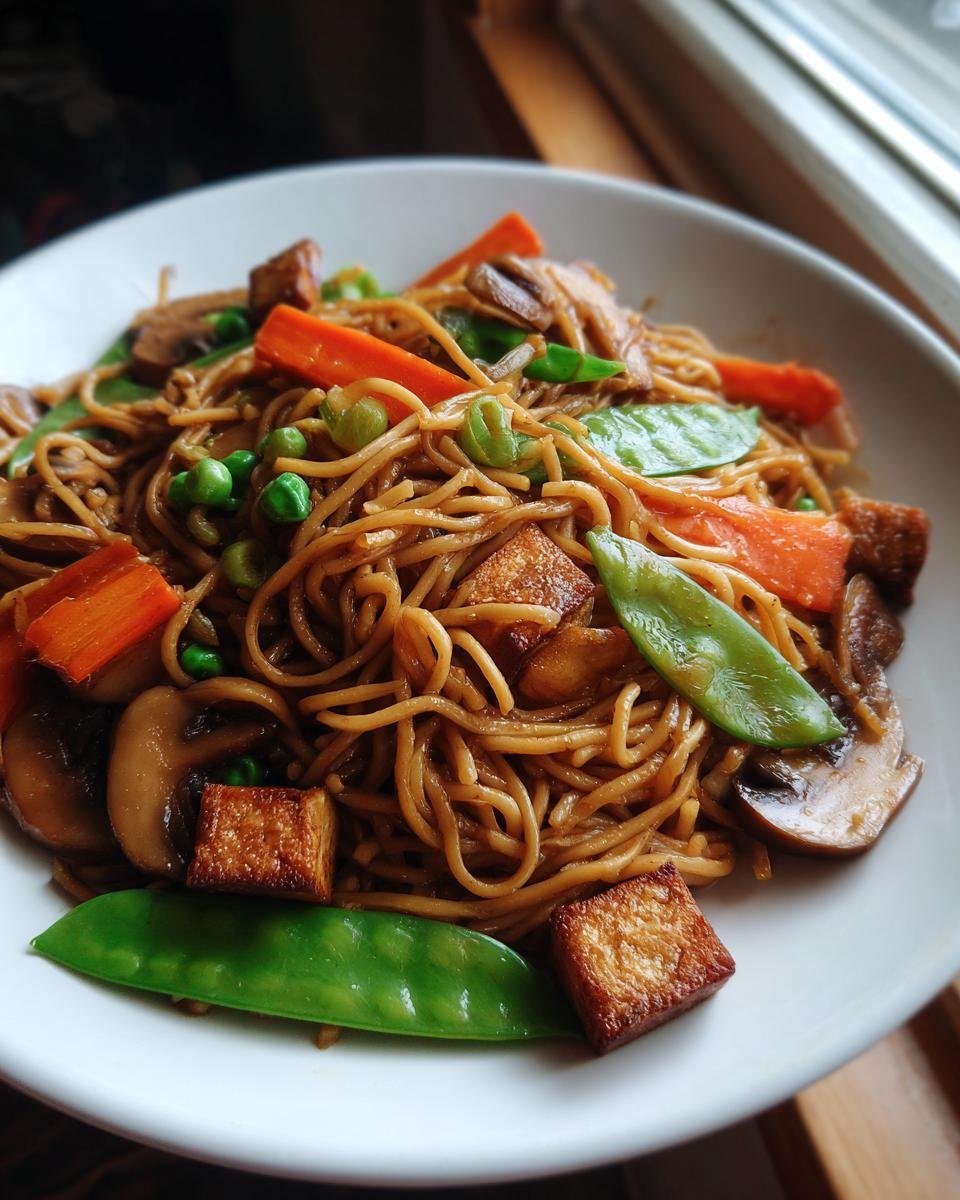 Close-up of Delicious Vegan Pancit Canton with noodles, crispy tofu, carrots, mushrooms, and snow peas.