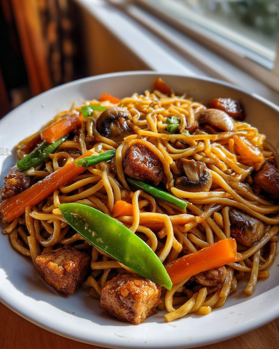 A close-up of a bowl of Delicious Vegan Pancit Canton with noodles, tofu, carrots, mushrooms, and a bright green snow pea.
