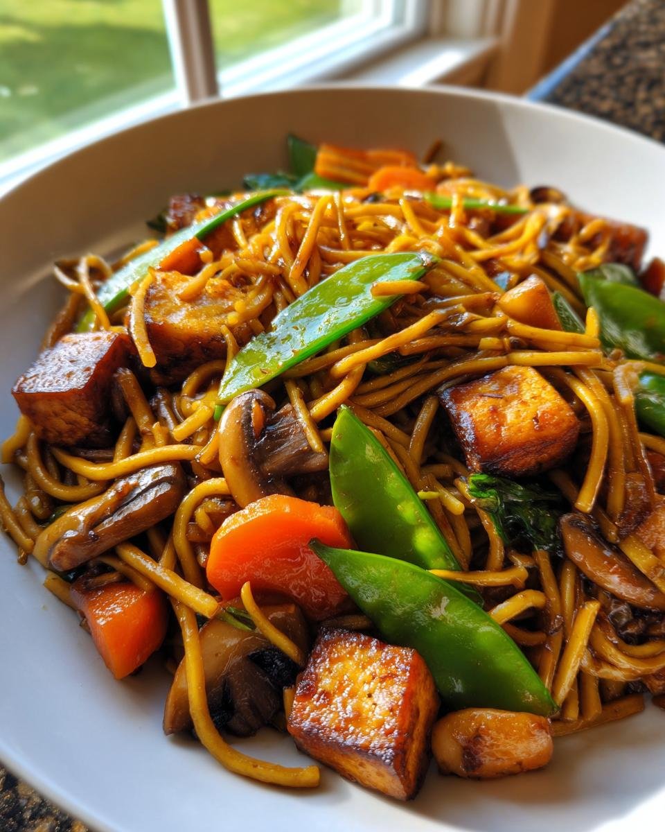Close-up of Delicious Vegan Pancit Canton featuring noodles, crispy tofu, carrots, mushrooms, and bright green snow peas.