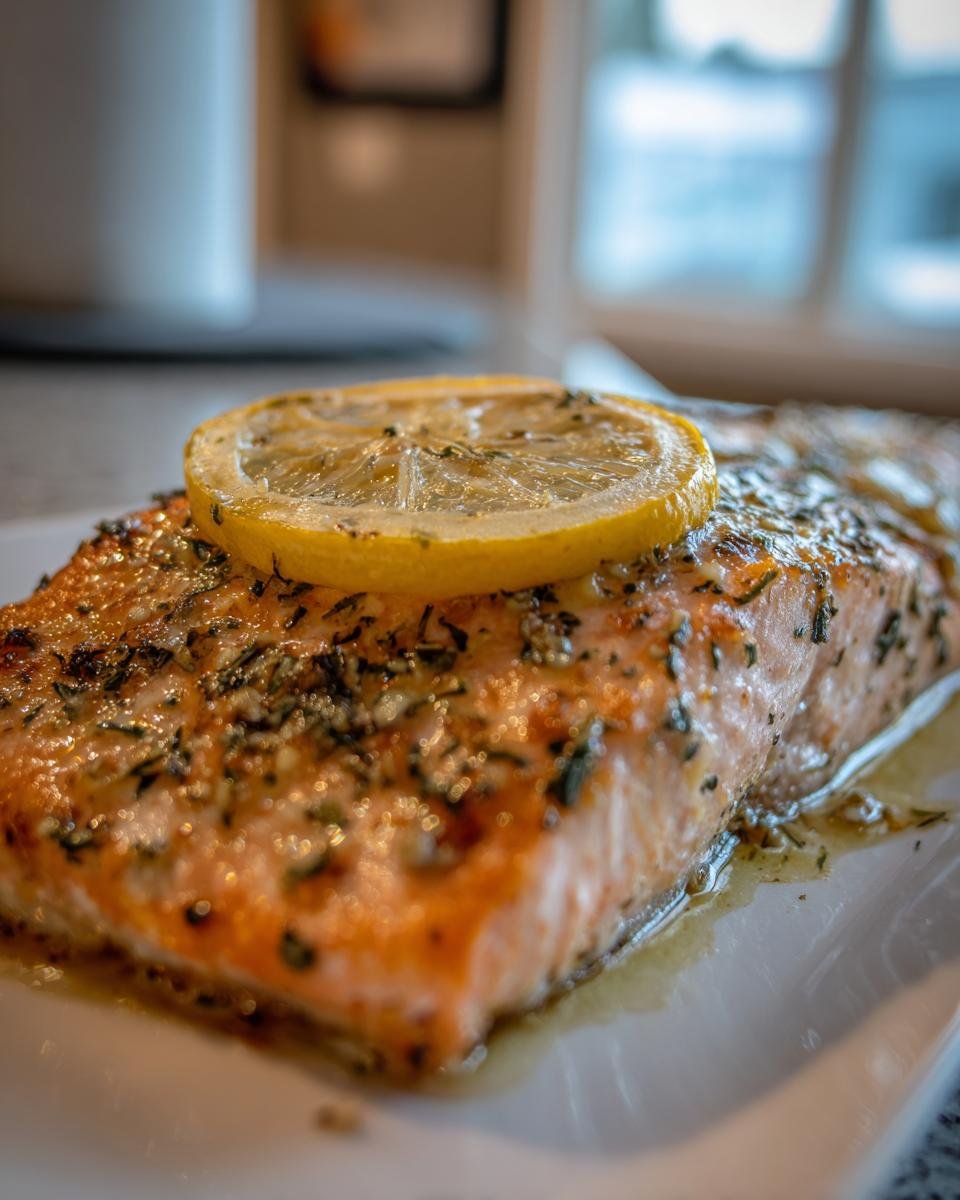 Close-up of a Delightful Baked Lemon Herb Salmon Recipe topped with a fresh lemon slice.