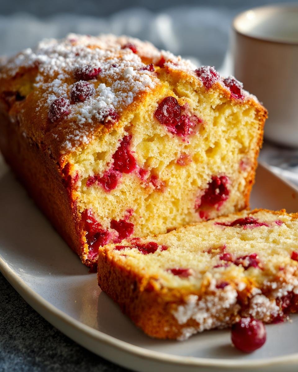 Close-up of a sliced Delightful Cranberry Orange Loaf, showing moist texture and bright cranberries, dusted with powdered sugar.