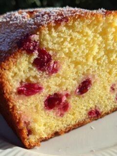 Close-up of a moist slice from the Delightful Cranberry Orange Loaf Recipe, showing bright cranberries embedded in yellow cake.