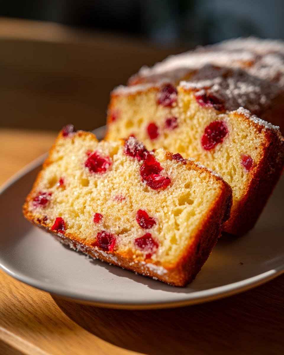 Close-up of two slices of Delightful Cranberry Orange Loaf, studded with bright red cranberries and dusted with powdered sugar.