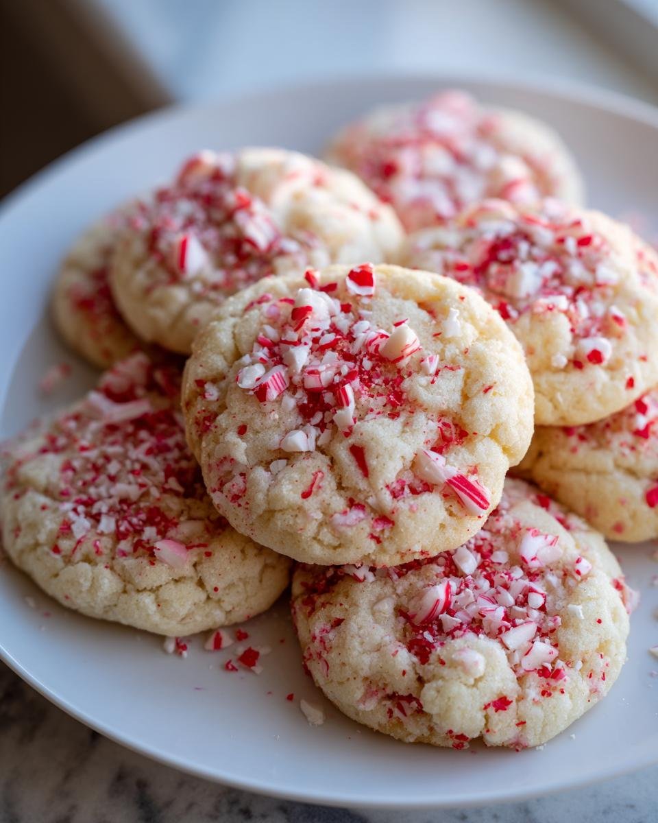 A stack of Delightful Easy Peppermint Cookies sprinkled generously with crushed candy canes on a white plate.