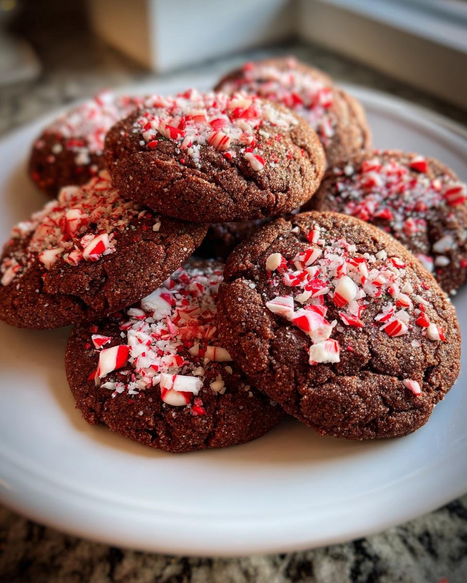 A pile of rich, dark chocolate Delightful Easy Peppermint Cookies topped with crushed candy canes on a white plate.